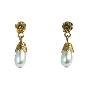 Vintage Gold-Tone Faux Pearl Drop Earrings With Delicate Floral Design